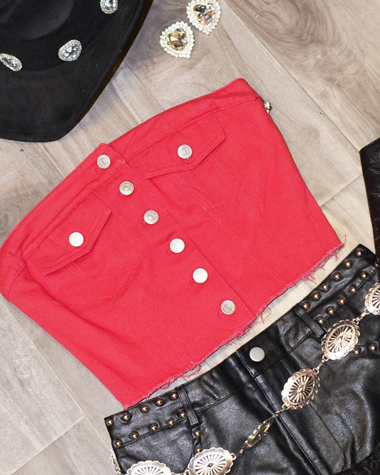 Red Strapless Button Front Denim Corset Top - Cindy Jane Boutique - Tanks, Camis & Tube Tops