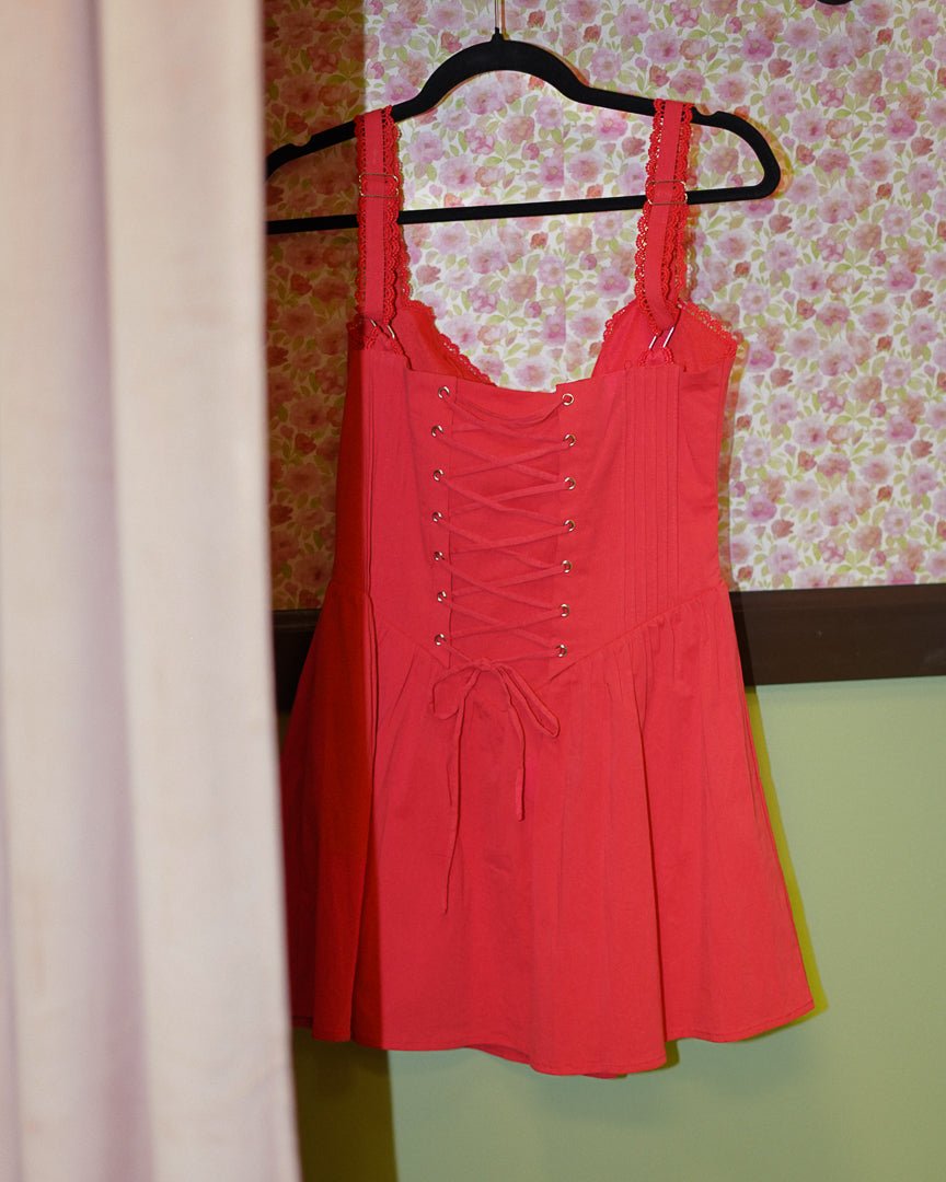 Red Stretch Poplin Corset Skater Mini Dress - Cindy Jane Boutique - Short Dresses
