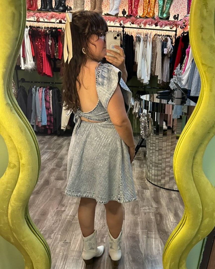 Sadie Light Wash Denim Rhinestone Ruffle Open Back Skater Mini Dress - Cindy Jane Boutique - Short Dresses