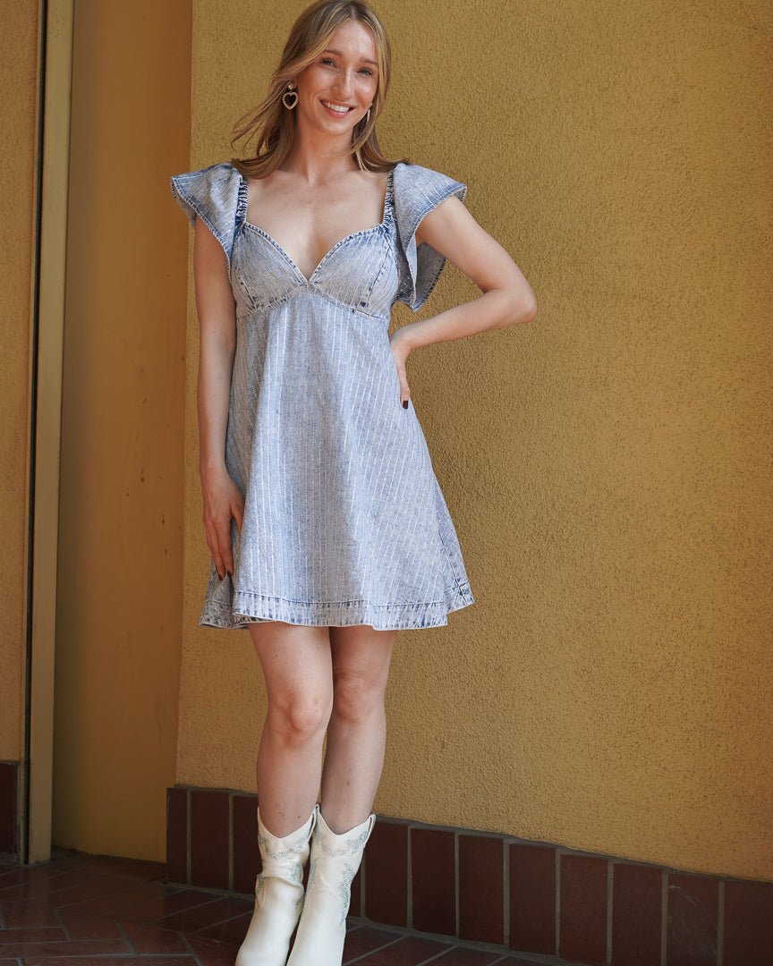 Sadie Light Wash Denim Rhinestone Ruffle Open Back Skater Mini Dress - Cindy Jane Boutique - Short Dresses