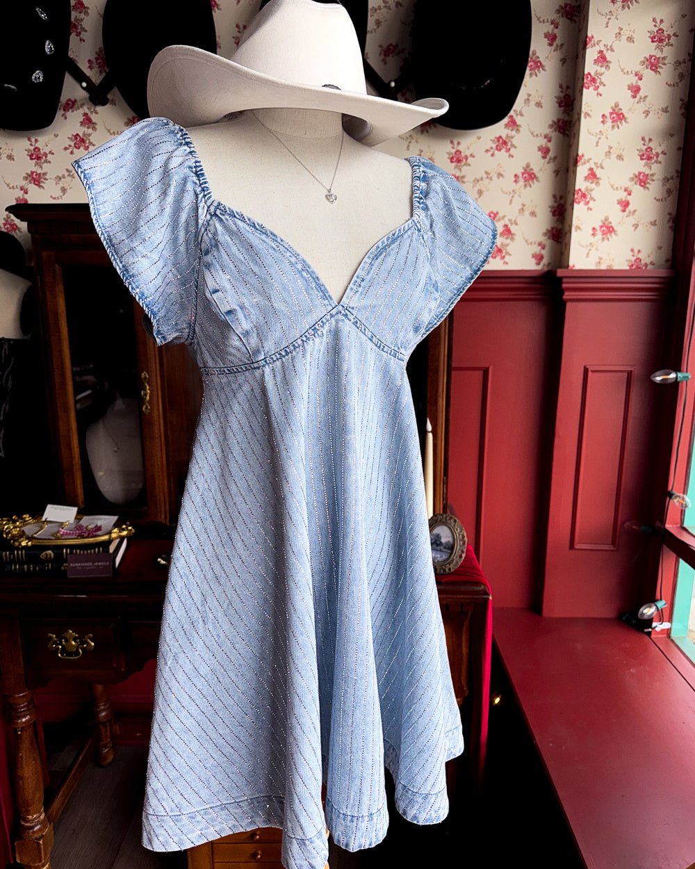 Sadie Light Wash Denim Rhinestone Ruffle Open Back Skater Mini Dress S / Light Wash Sadie Light Wash Denim Rhinestone Ruffle Open Back Skater Mini Dress S / Light Wash