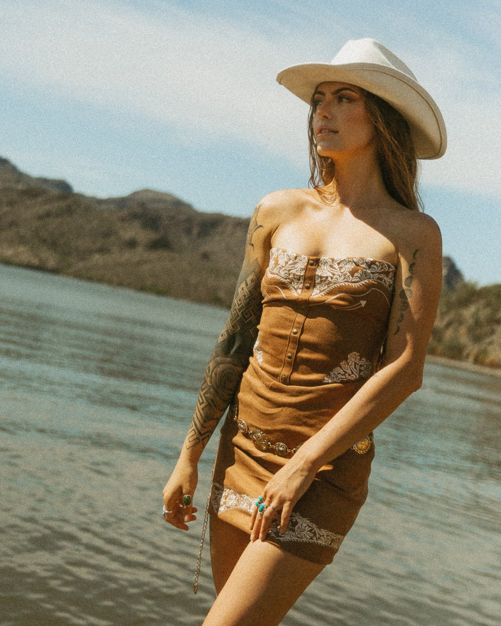 Shiloh Brown Faux Suede Western Embroidered Bodycon Strapless Mini Dress L / Brown Shiloh Brown Faux Suede Western Embroidered Bodycon Strapless Mini Dress L / Brown