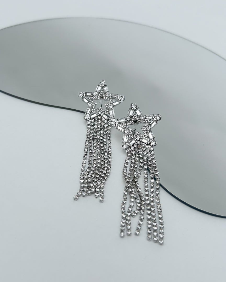 Silver Rhinestone Star Fringe Earrings - Cindy Jane Boutique - Earrings