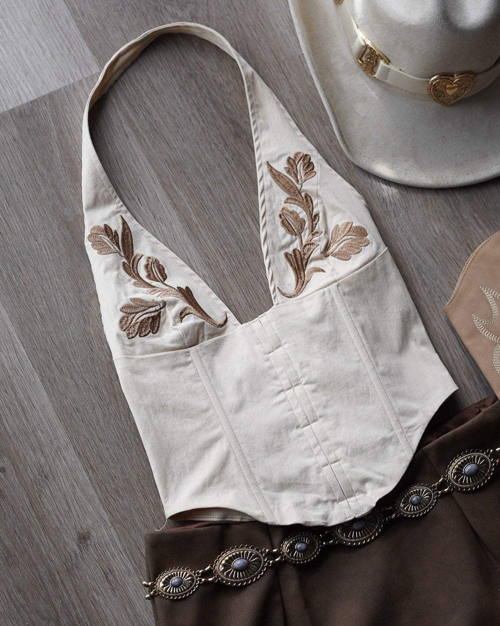 Sirena Beige Western Floral Embroidered Halter Top - Cindy Jane Boutique - Tanks, Camis & Tube Tops