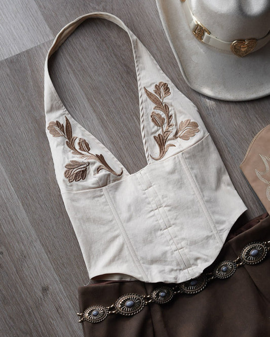 Sirena Beige Western Floral Embroidered Halter Top - Cindy Jane Boutique - Tanks, Camis & Tube Tops