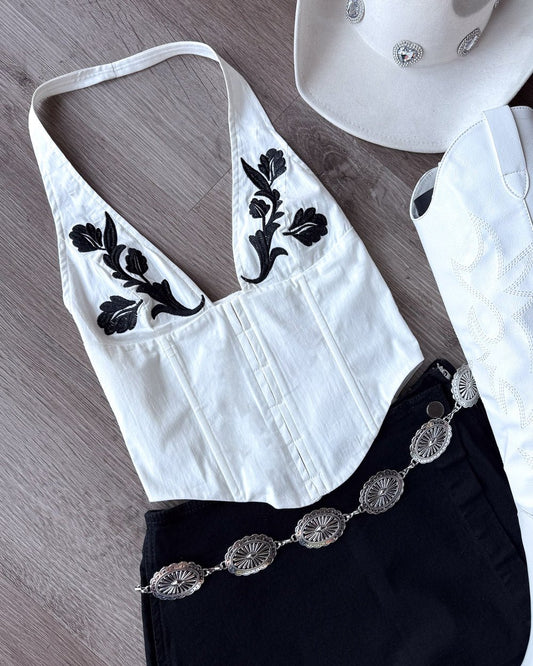 Sirena White Western Floral Embroidered Halter Top - Cindy Jane Boutique - Tanks, Camis & Tube Tops