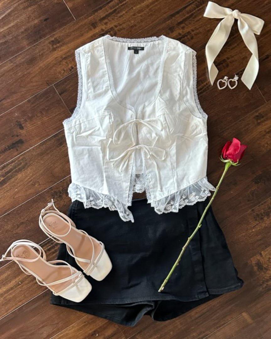 Sleeveless White Tie Front Top With Lace Trim - Cindy Jane Boutique - Tanks, Camis & Tube Tops