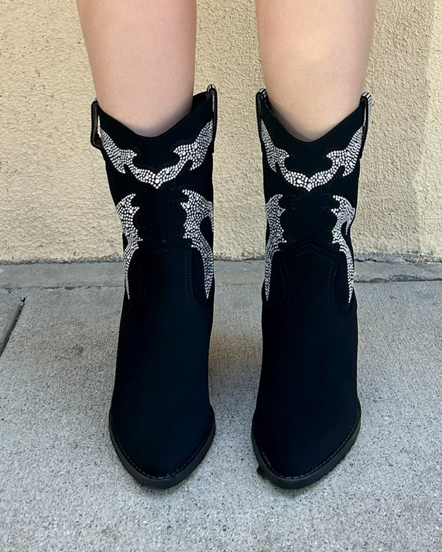 Starlight Black Rhinestone Western Cowboy Pointed Toe Ankle Boots - Cindy Jane Boutique - Boots