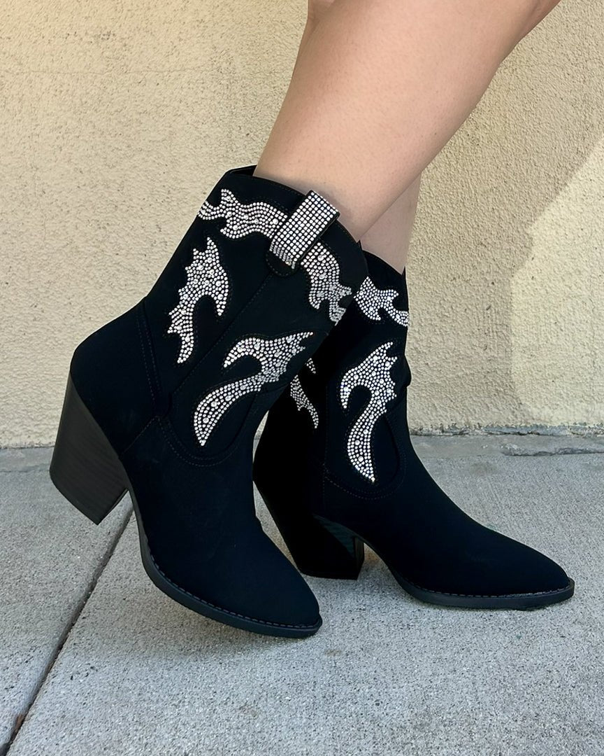 Starlight Black Rhinestone Western Cowboy Pointed Toe Ankle Boots - Cindy Jane Boutique - Boots