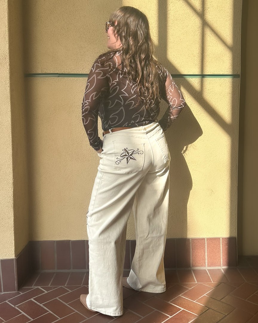 Starshine Beige Western Embroidered Twill Wide Leg Denim Trousers - Cindy Jane Boutique - Pants