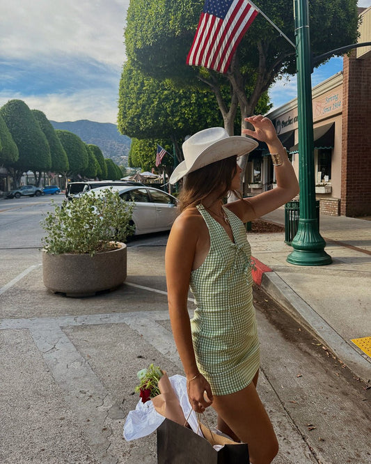 Sweet Pea Sage Green Gingham Tie Front Halter Mini Dress - Cindy Jane Boutique - Short Dresses