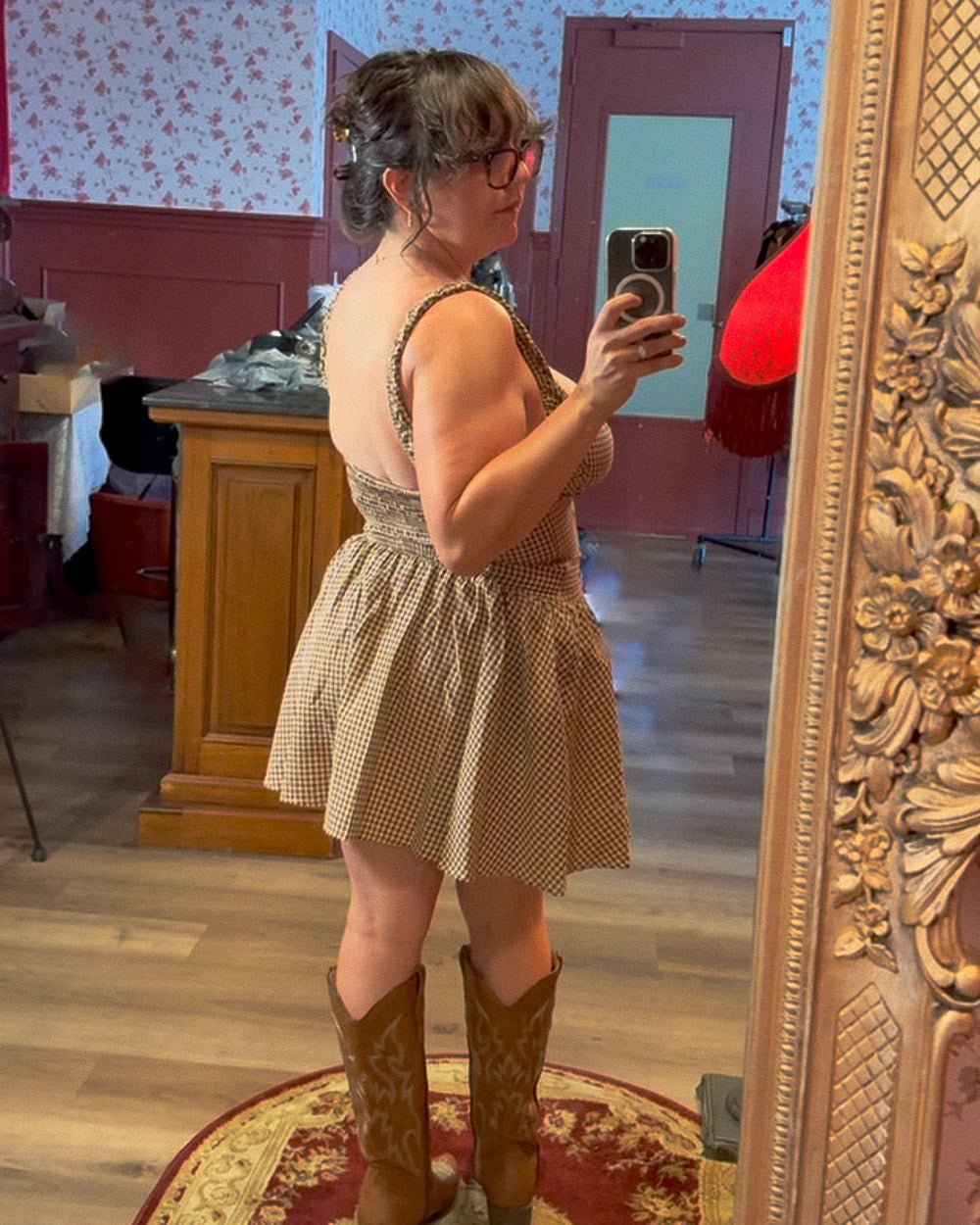 Sweetgrass Brown Gingham Square Neck Ruffle Mini Dress - Cindy Jane Boutique - Short Dresses