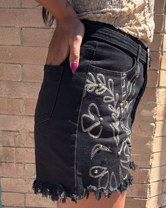 Vespera Black Western Embroidered Denim Buckle Shorts - Cindy Jane Boutique - Shorts