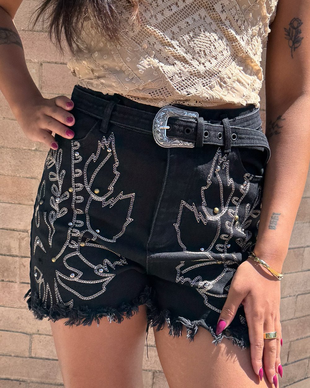 Vespera Black Western Embroidered Denim Buckle Shorts - Cindy Jane Boutique - Shorts