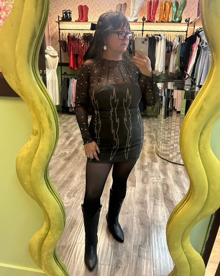 Washed Black Backless Faux Leather Western Embroidered Mini Dress - Cindy Jane Boutique - Short Dresses