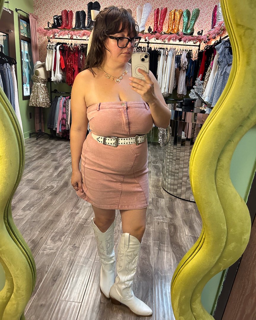Washed Blush Pink Button Front Strapless Denim Mini Dress - Cindy Jane Boutique - Short Dresses