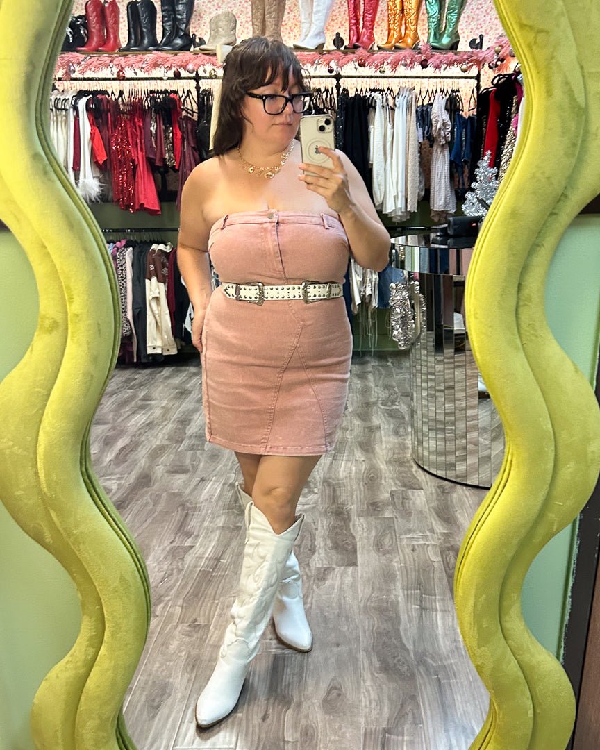 Washed Blush Pink Button Front Strapless Denim Mini Dress Cindy Jane Boutique Washed Blush Pink Button Front Strapless Denim Mini Dress Cindy Jane Boutique