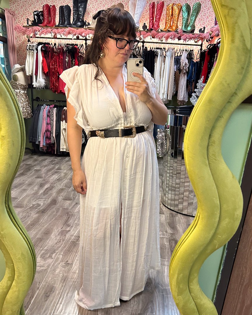 White Flutter Sleeve Gauze Maxi Dress - Cindy Jane Boutique - Maxi Dresses