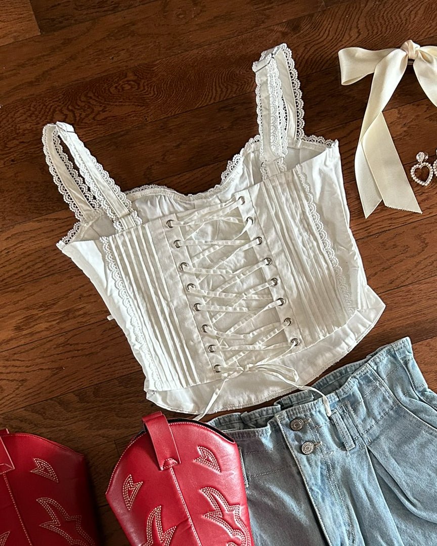 White Lace Tie Front Sweetheart Corset Top - Cindy Jane Boutique - Tanks, Camis & Tube Tops