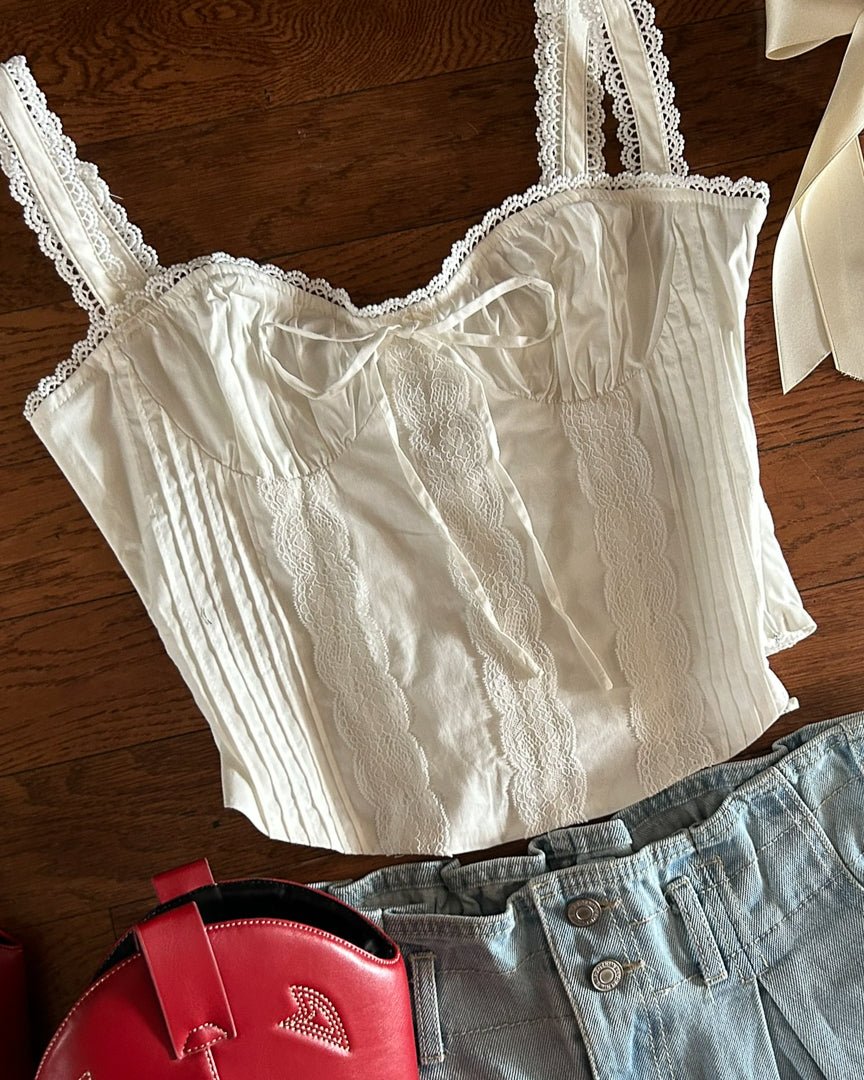 White Lace Tie Front Sweetheart Corset Top - Cindy Jane Boutique - Tanks, Camis & Tube Tops