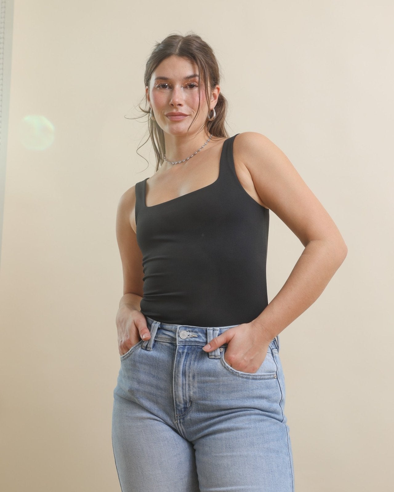 Black Double Lined Soft Knit Sleeveless Square Neck Bodysuit - Cindy Jane Boutique - Bodysuits