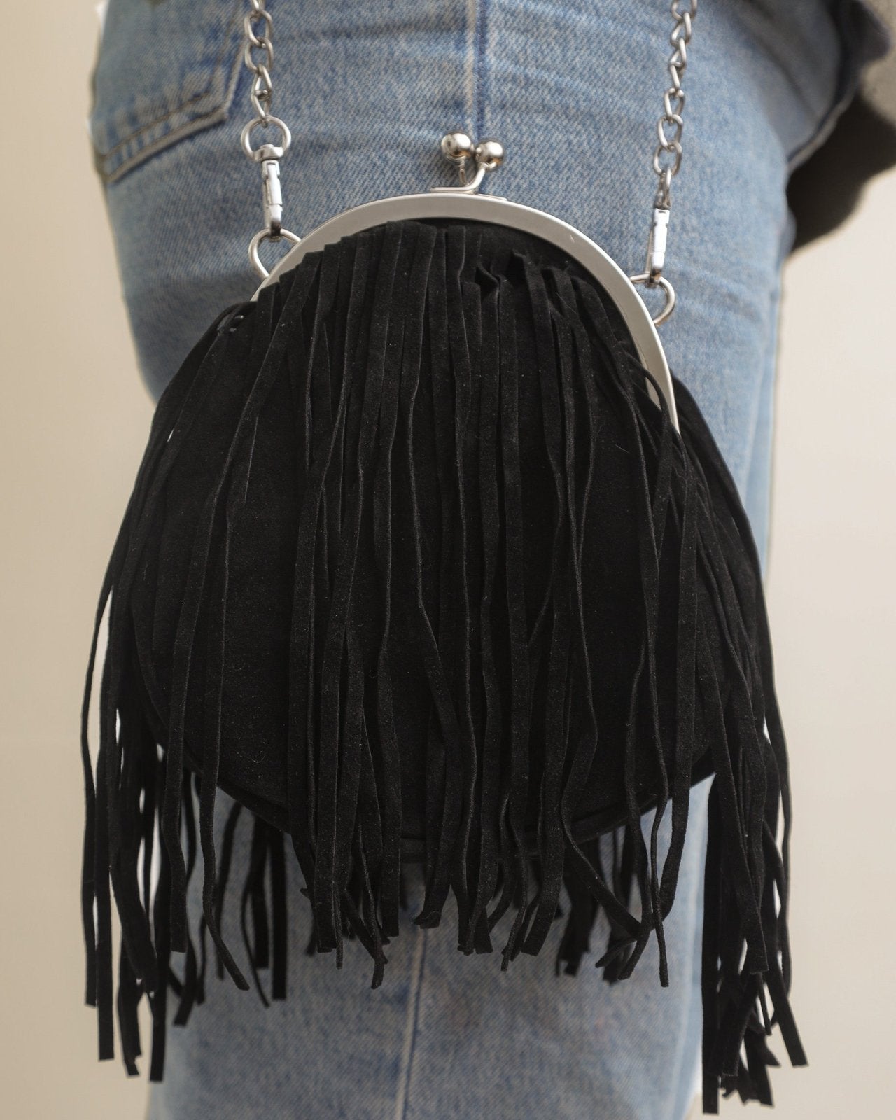 Black Faux Leather Round Fringe Purse With Chain Strap - Cindy Jane Boutique - Handbags & Purses