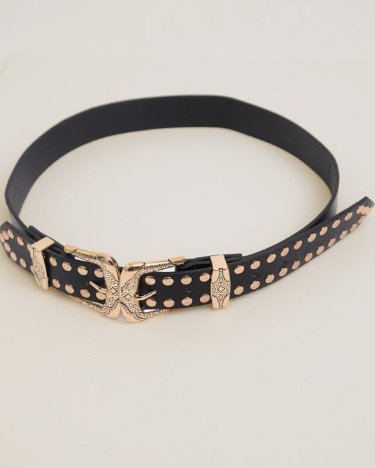 Black Faux Leather Studded Double Buckle Western Belt - Cindy Jane Boutique - Belts