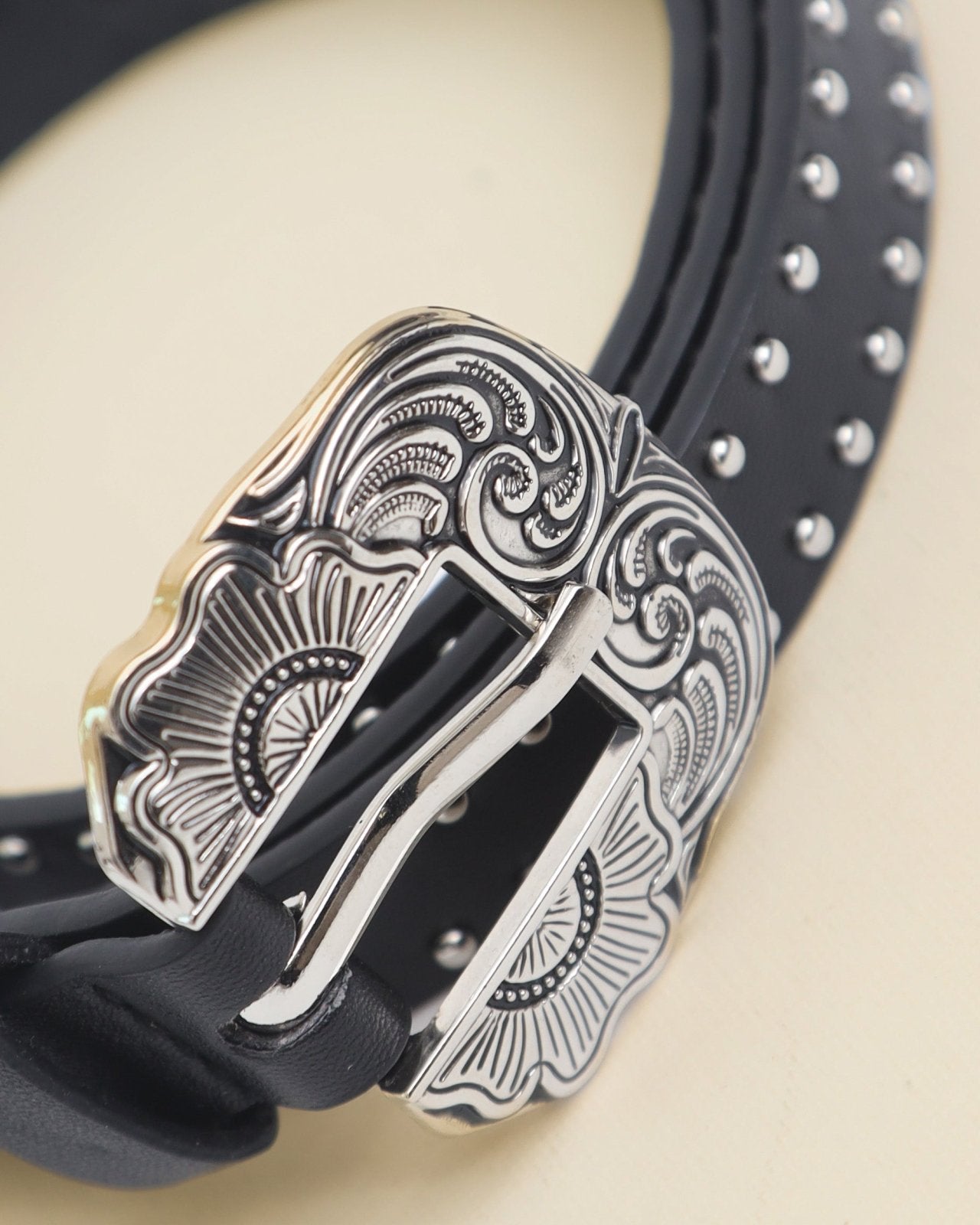 Black Faux Leather Studded Thin Western Buckle Belt - Cindy Jane Boutique -