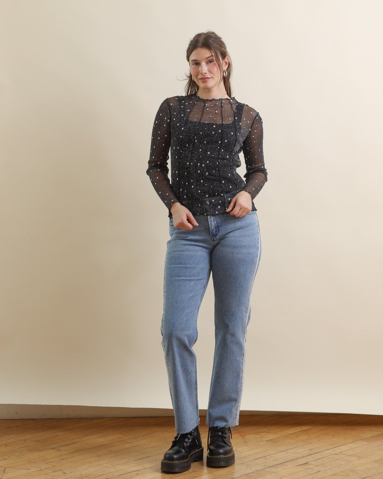 Black Sparkly Star Print Mock Neck Long Sleeve Glitter Mesh Top - Cindy Jane Boutique - Long Sleeve Tops