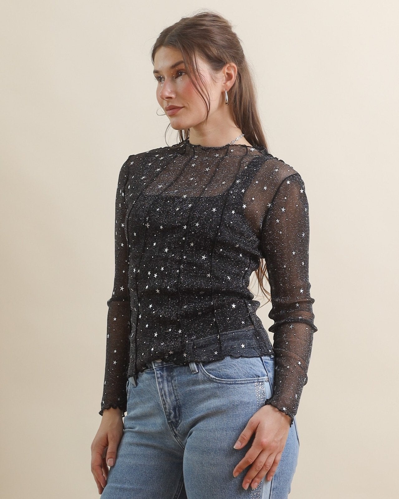 Black Sparkly Star Print Mock Neck Long Sleeve Glitter Mesh Top - Cindy Jane Boutique - Long Sleeve Tops