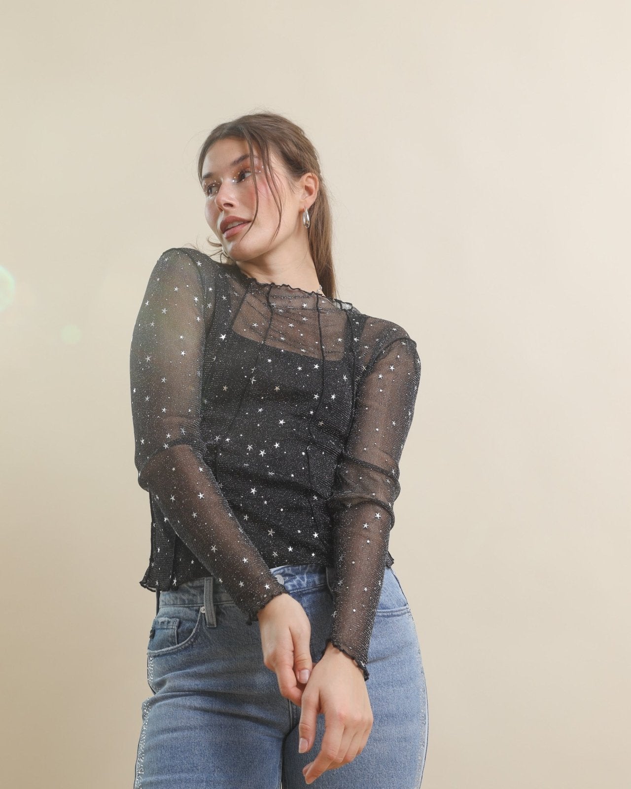 Black Sparkly Star Print Mock Neck Long Sleeve Glitter Mesh Top - Cindy Jane Boutique - Long Sleeve Tops