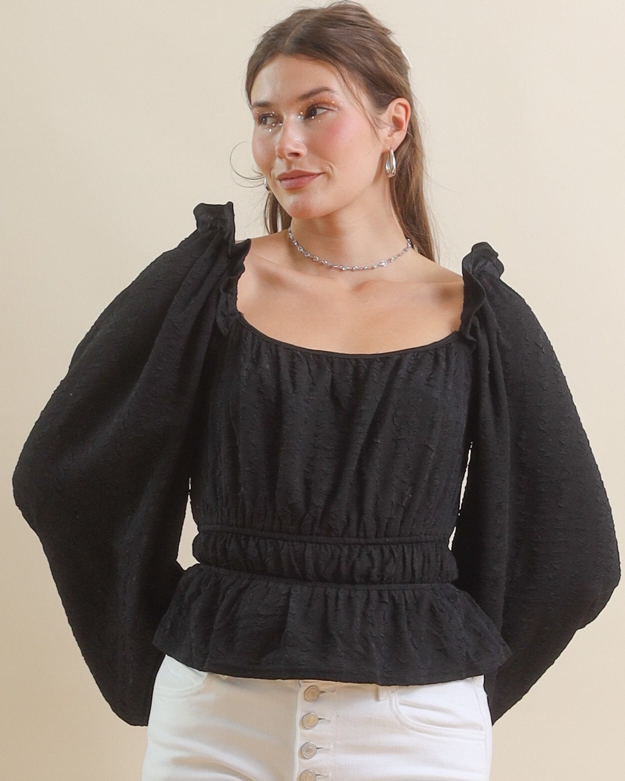 Black Textured Bubble Knit Long Sleeve Peplum Blouse - Cindy Jane Boutique - Blouses