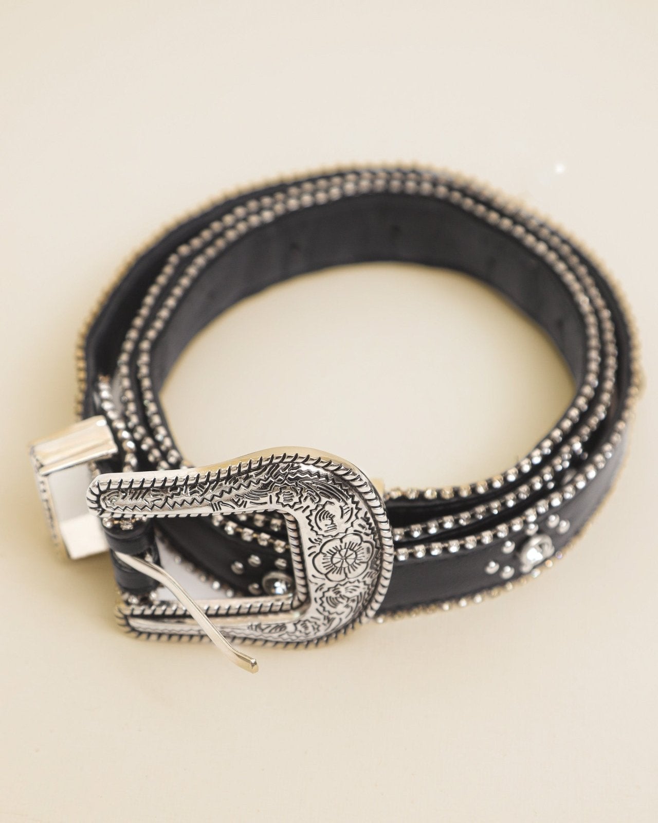 Black Thin Faux Leather Rhinestone Western Belt - Cindy Jane Boutique - Belts