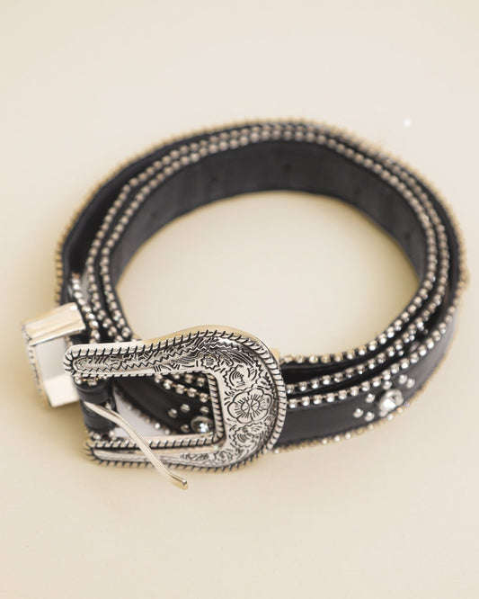 Black Thin Faux Leather Rhinestone Western Belt - Cindy Jane Boutique - Belts