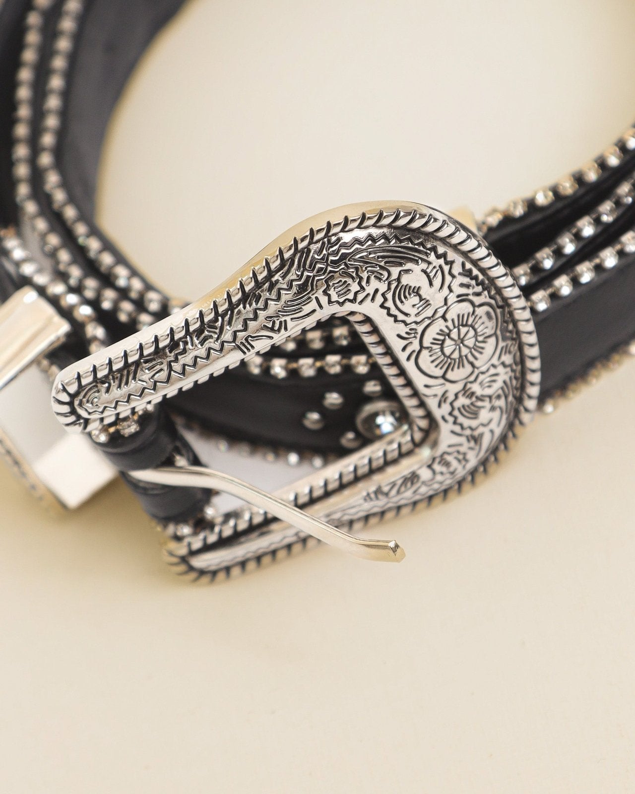 Black Thin Faux Leather Rhinestone Western Belt - Cindy Jane Boutique - Belts