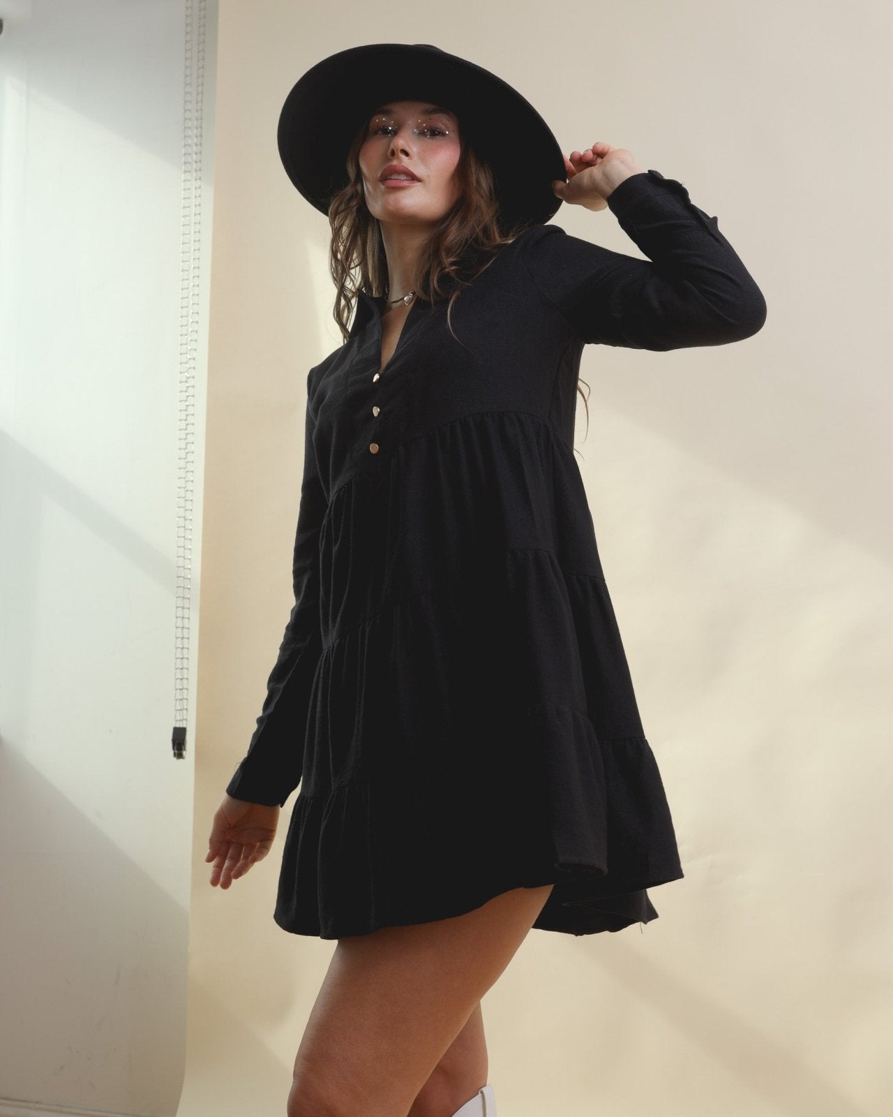 Black Tiered Long Sleeve Corduroy Mini Dress Black Tiered Long Sleeve Corduroy Mini Dress