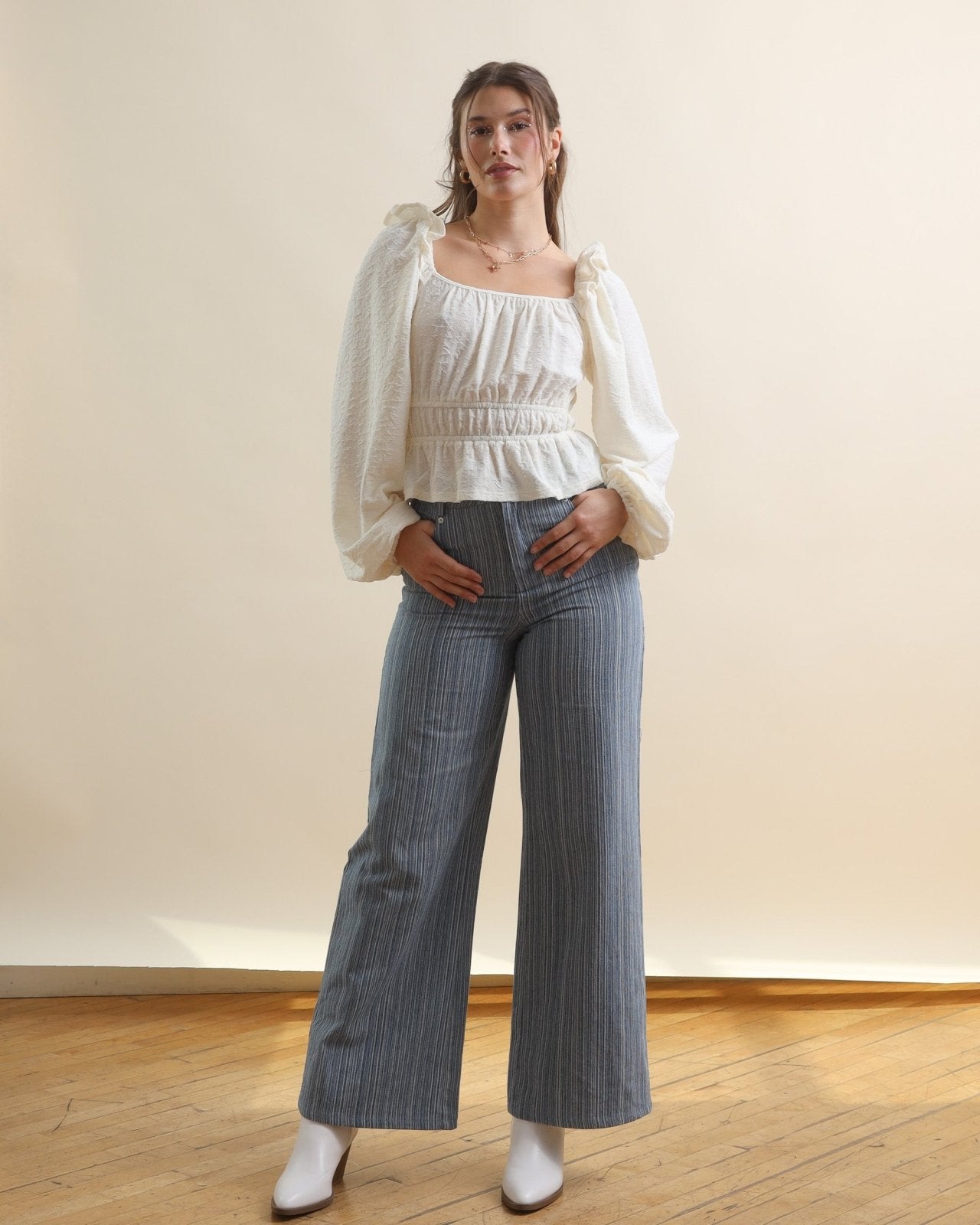Blue Multi Mid-Rise Wide Leg Railroad Stripe Jeans - Cindy Jane Boutique - Jeans