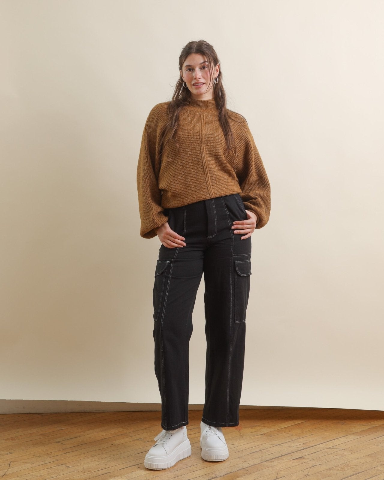 Brown High Neck Balloon Sleeve Sweater with Front Seam Detail - Cindy Jane Boutique - Sweaters & Cardigans