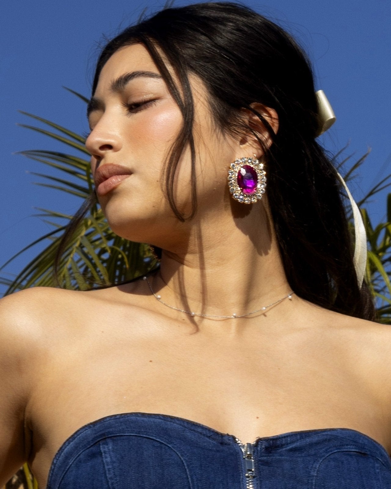 Fuchsia Oval Pave Trim Stud Statement Earrings - Cindy Jane Boutique - Earrings