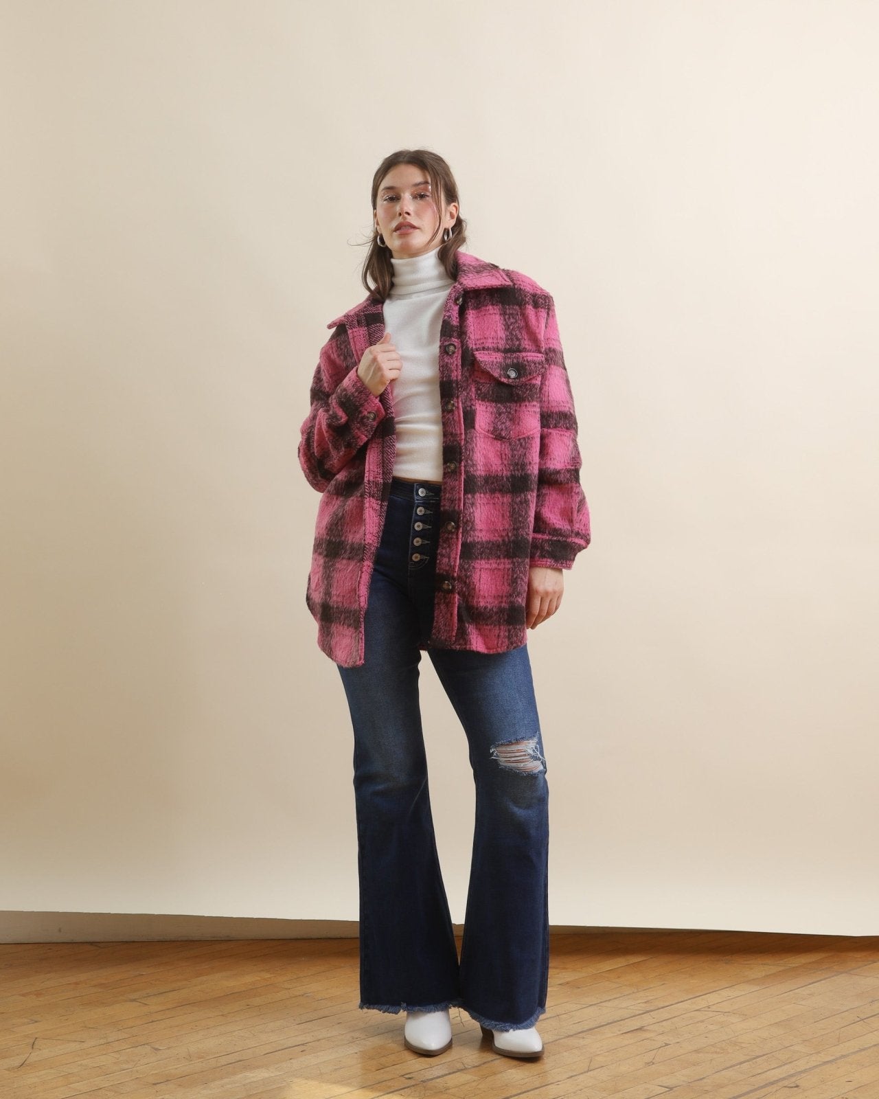 Hot Pink Oversized Long Sleeve Plaid Shacket - Cindy Jane Boutique - Coats & Jackets