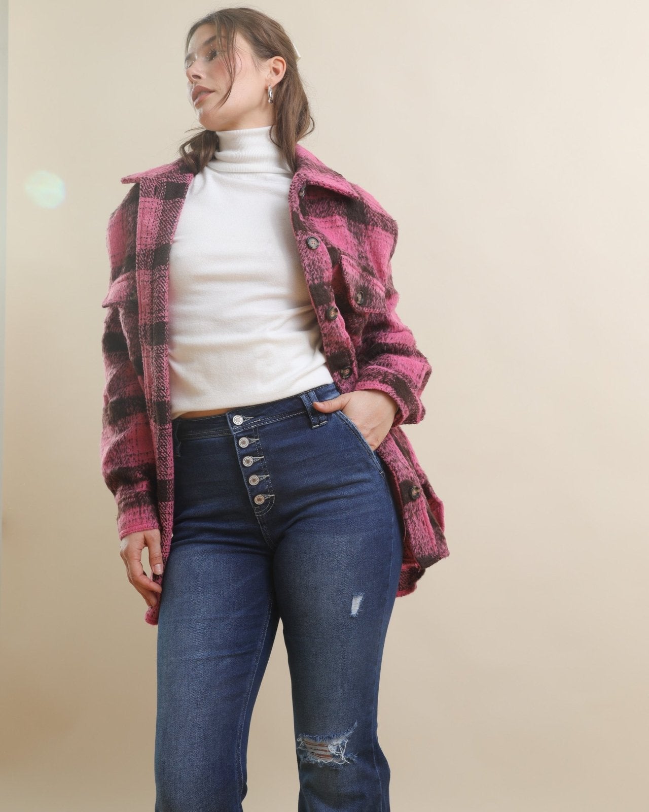 Hot Pink Oversized Long Sleeve Plaid Shacket - Cindy Jane Boutique - Coats & Jackets