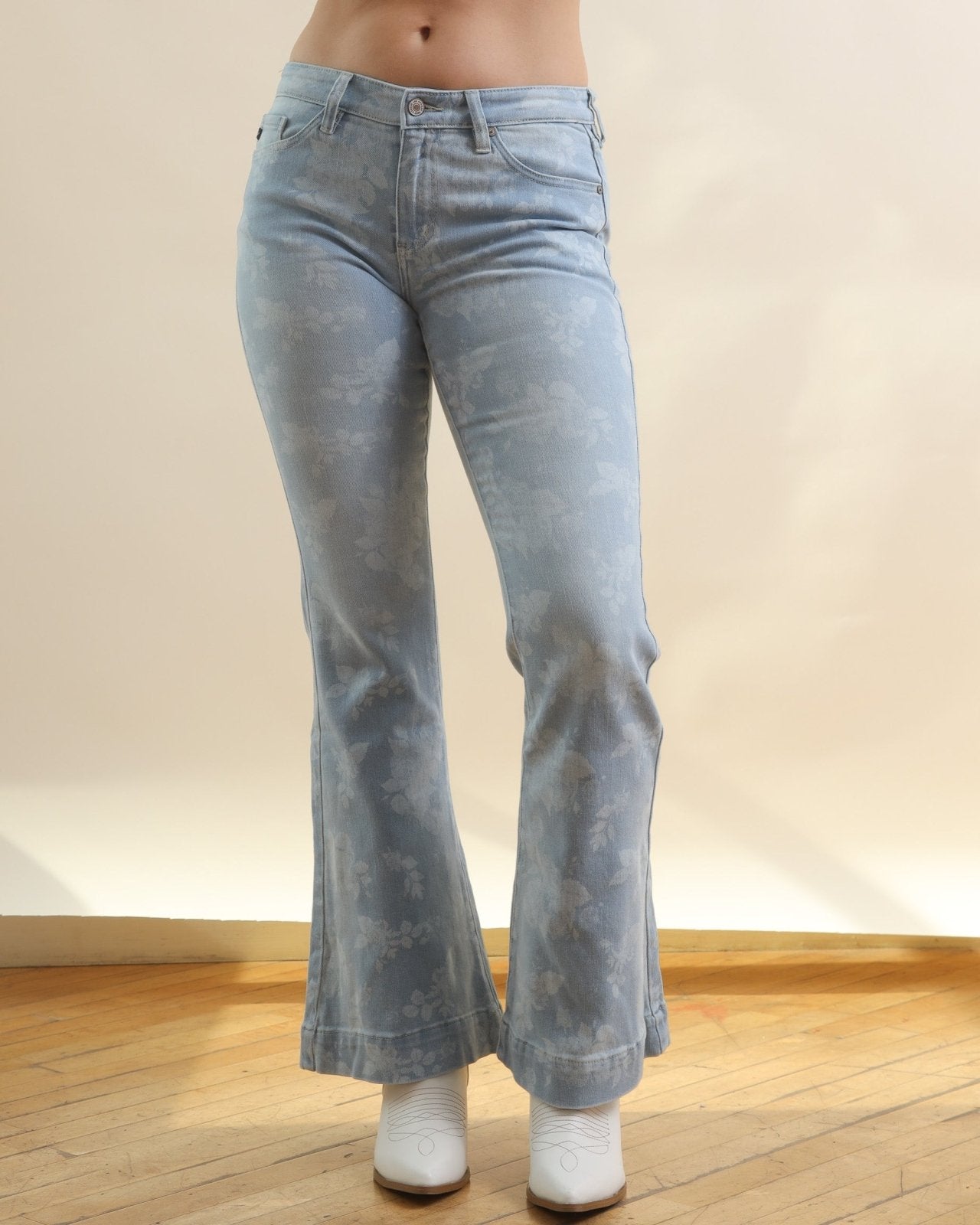 KanCan Light Wash Low Rise Flare Floral Print Jeans - Cindy Jane Boutique - Jeans