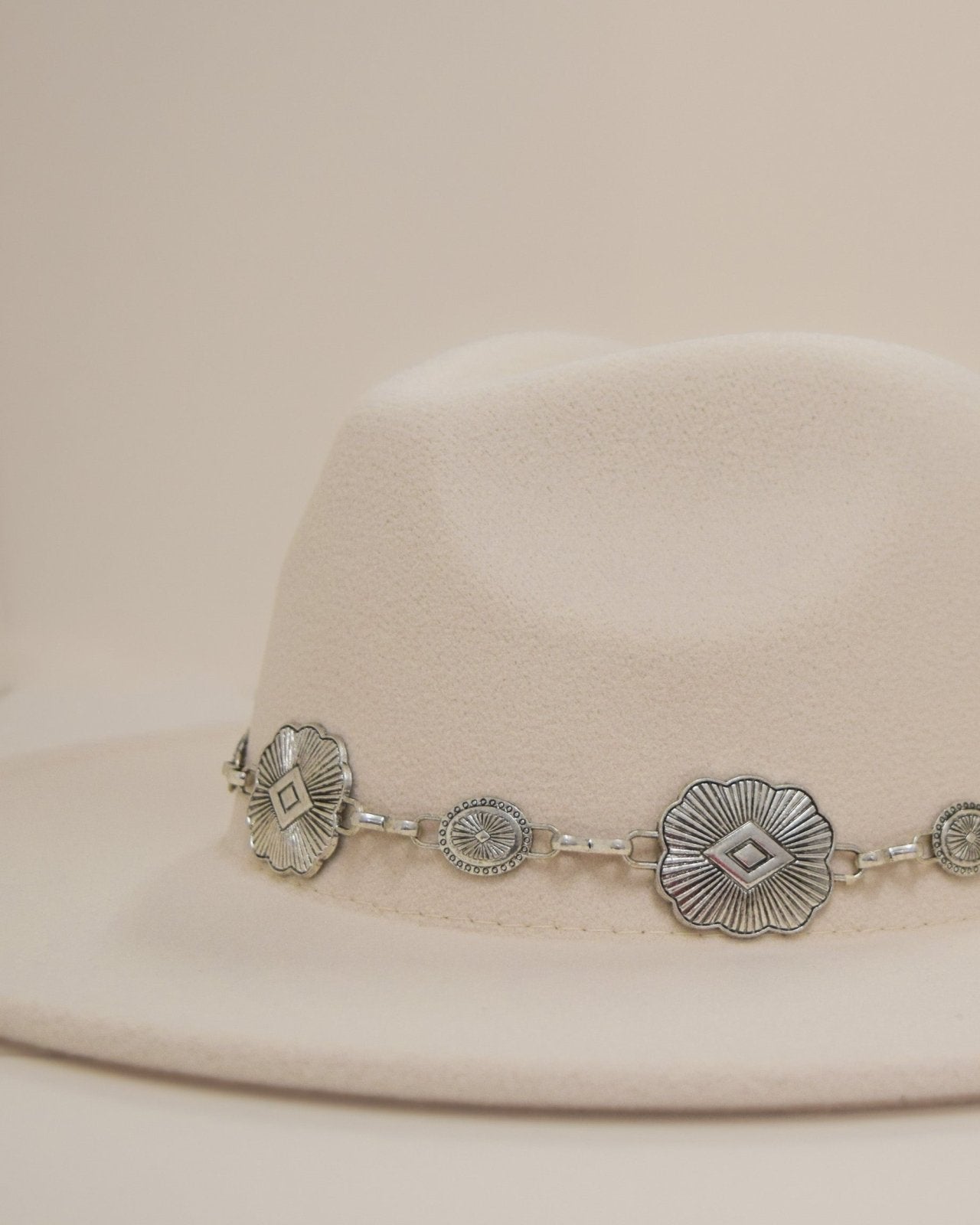 Light Beige Concho Chain Strap Flat Brim Fedora Hat - Cindy Jane Boutique - Hats