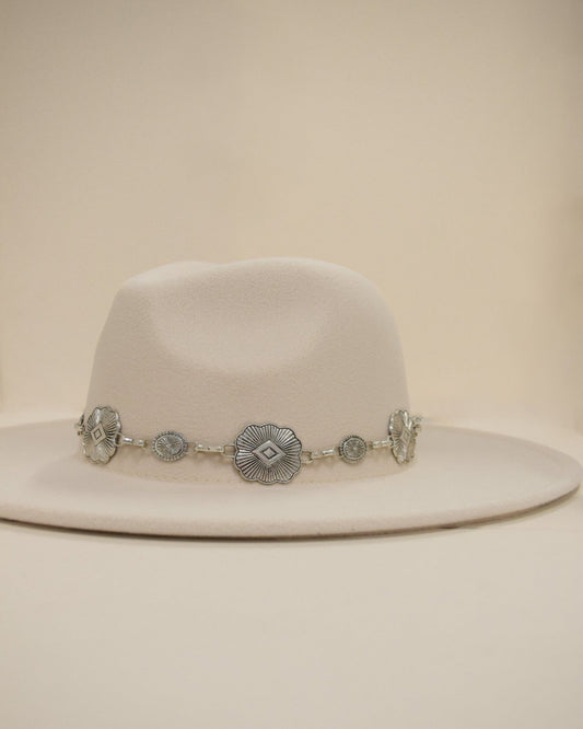 Light Beige Concho Chain Strap Flat Brim Fedora Hat - Cindy Jane Boutique - Hats