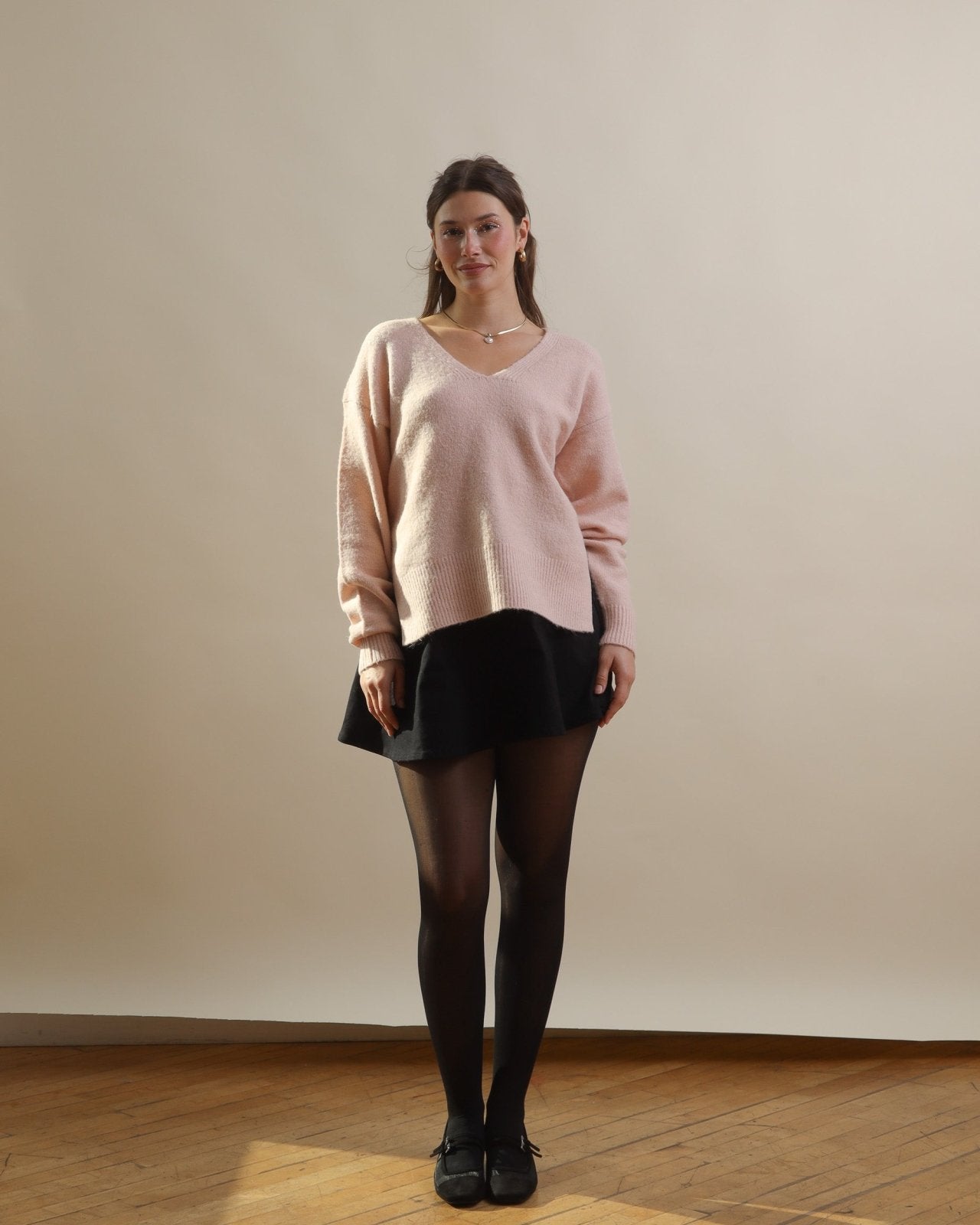 Light Pink Split Hem Balloon Sleeve V-Neck Sweater - Cindy Jane Boutique - Sweaters & Cardigans