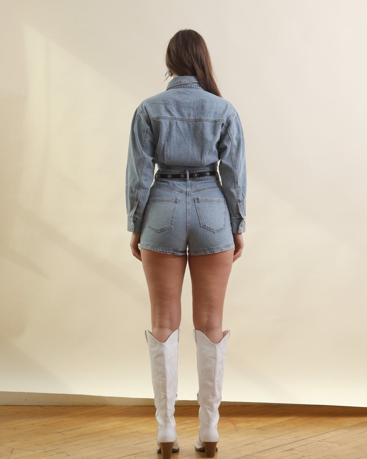 Light Wash Long Sleeve Denim Romper - Cindy Jane Boutique - Rompers