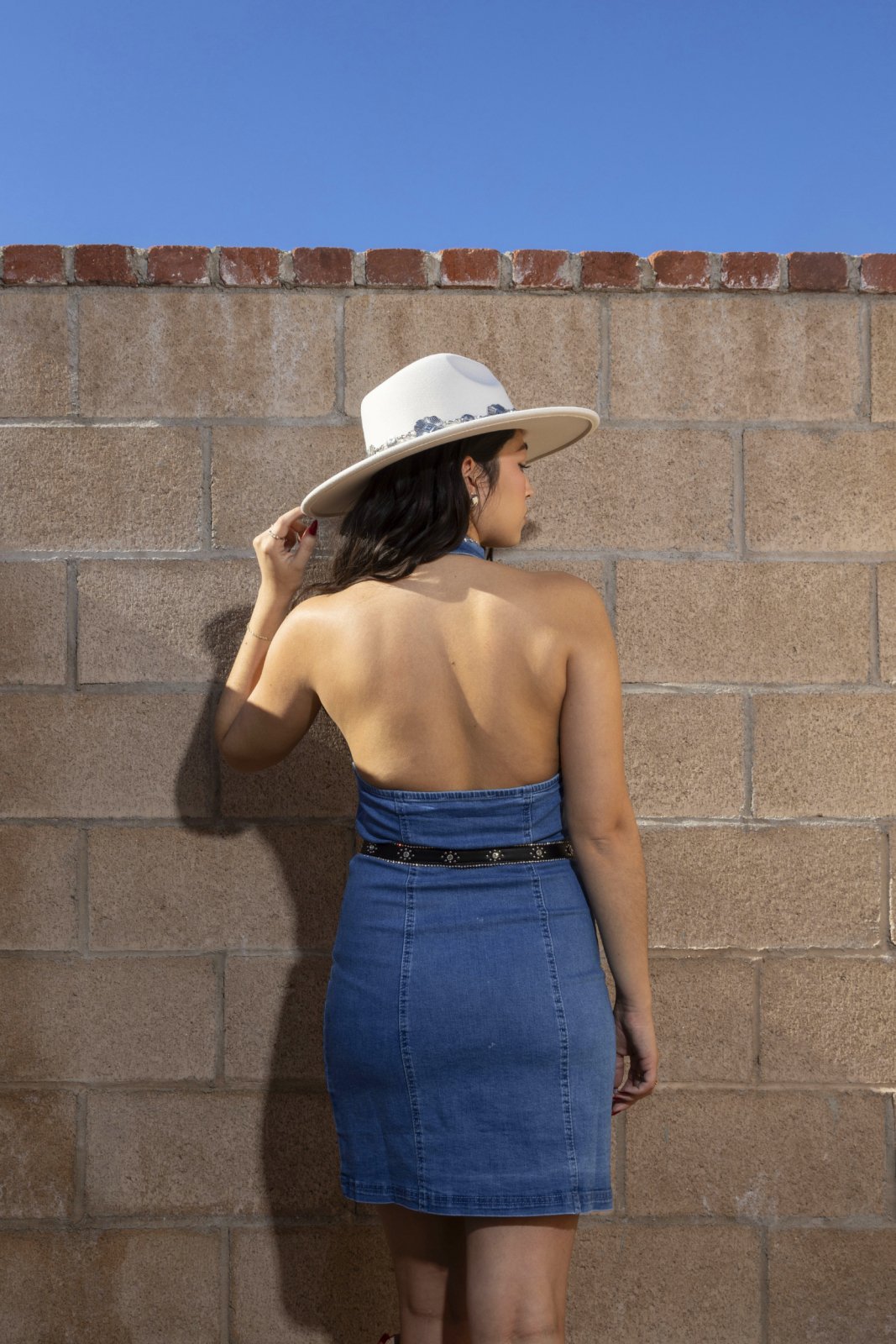 Medium Wash Button Up Backless Denim Halter Mini Dress - Cindy Jane Boutique - Short Dresses