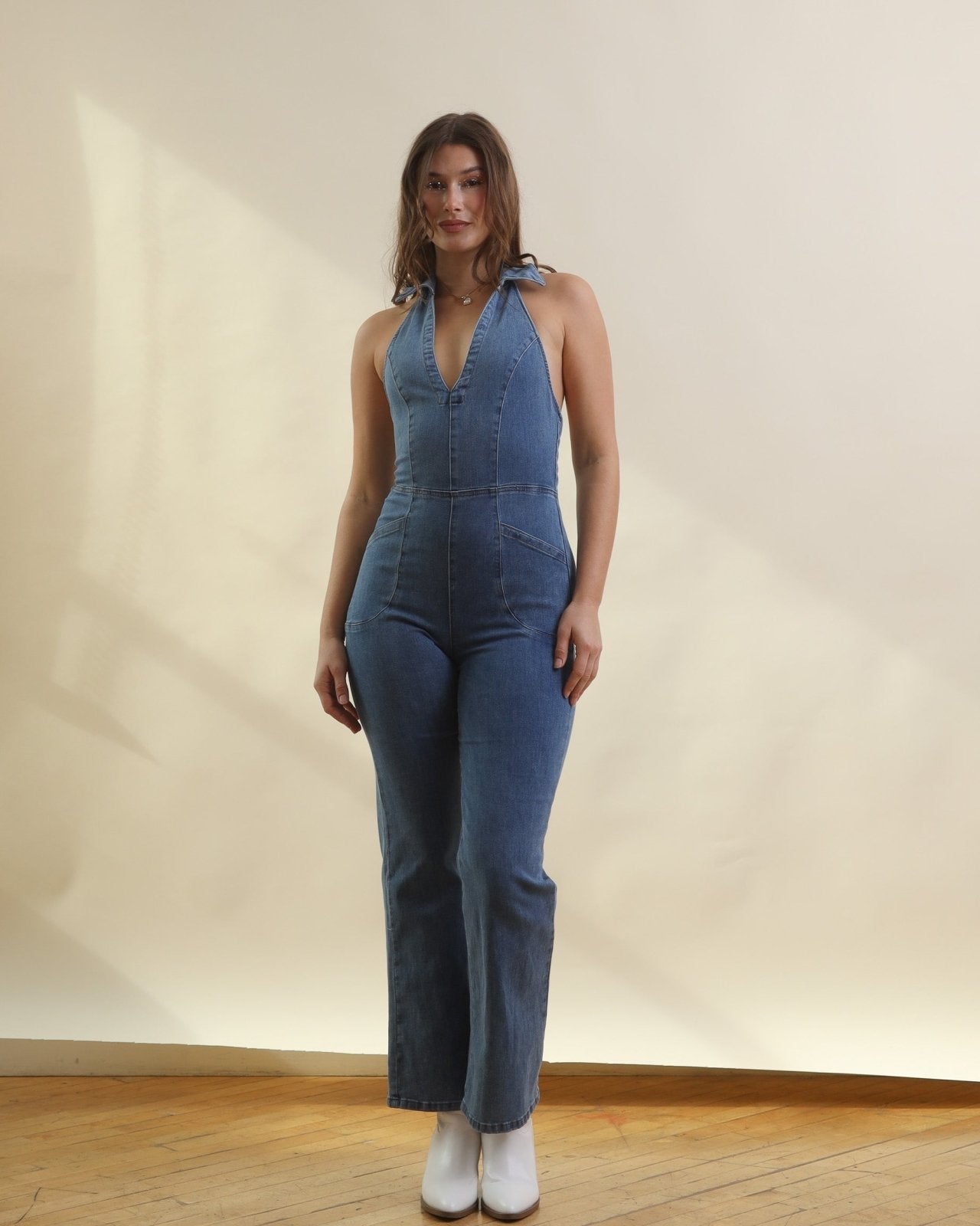 Medium Wash Collared Backless Halter Denim Jumpsuit - Cindy Jane Boutique - Jumpsuits