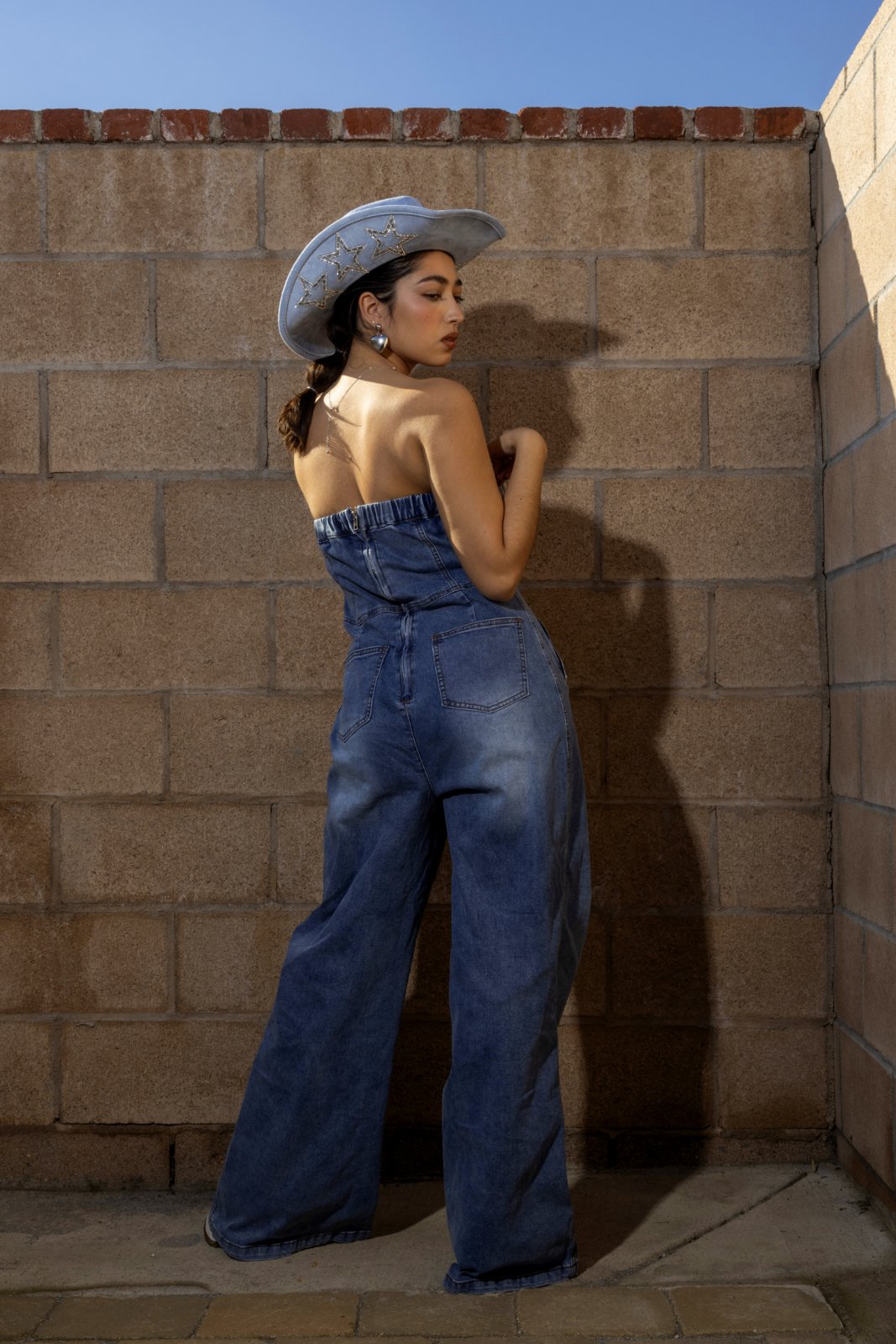 Medium Wash Rhinestone Fringe Strapless Corset Denim Jumpsuit - Cindy Jane Boutique - Jumpsuits