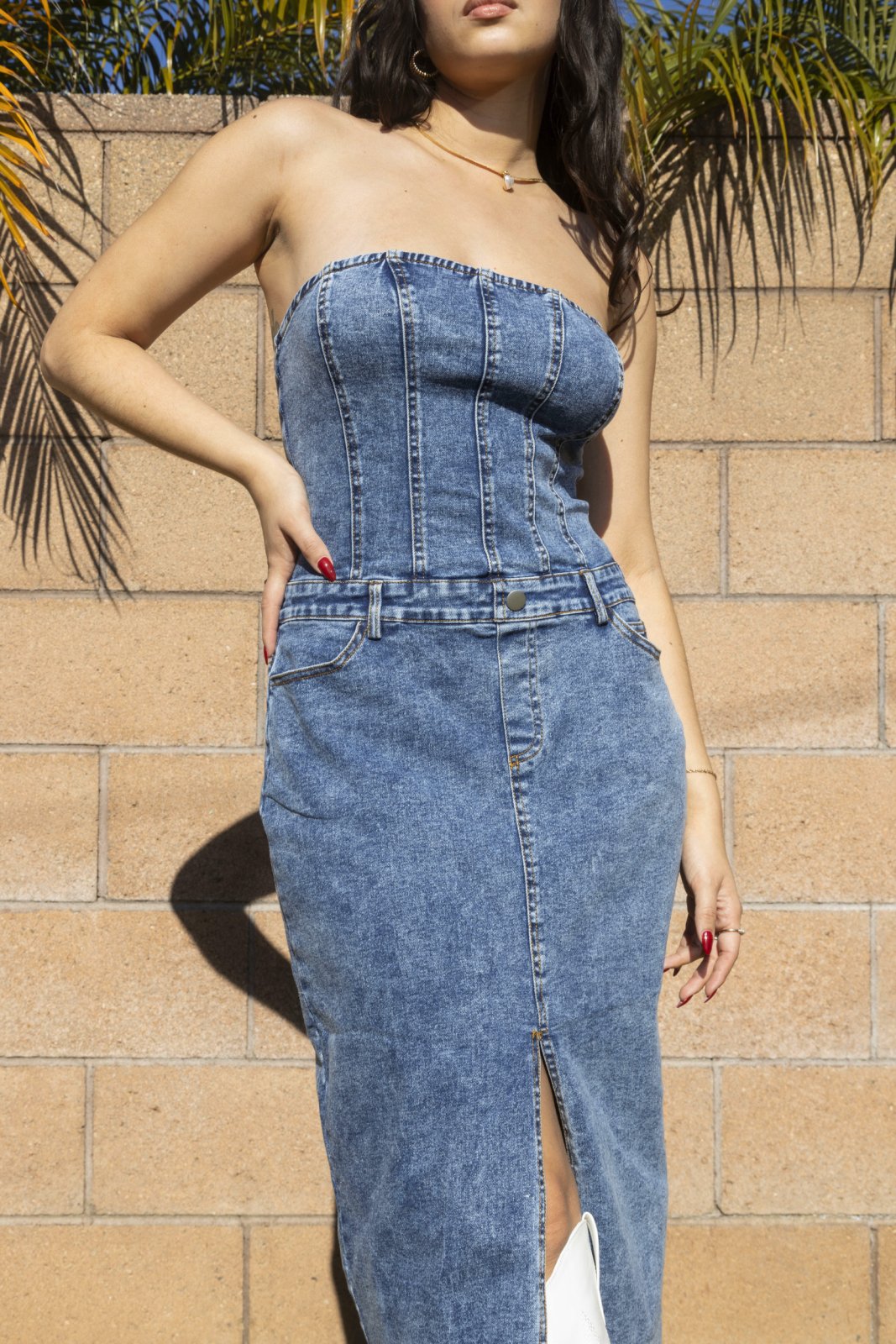 Medium Wash Strapless Denim Maxi Dress - Cindy Jane Boutique - Maxi Dress